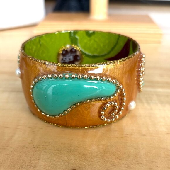Artisan Statement Bracelet Iris Design Turquoise & Gold Wide Bangle - Picture 4 of 6